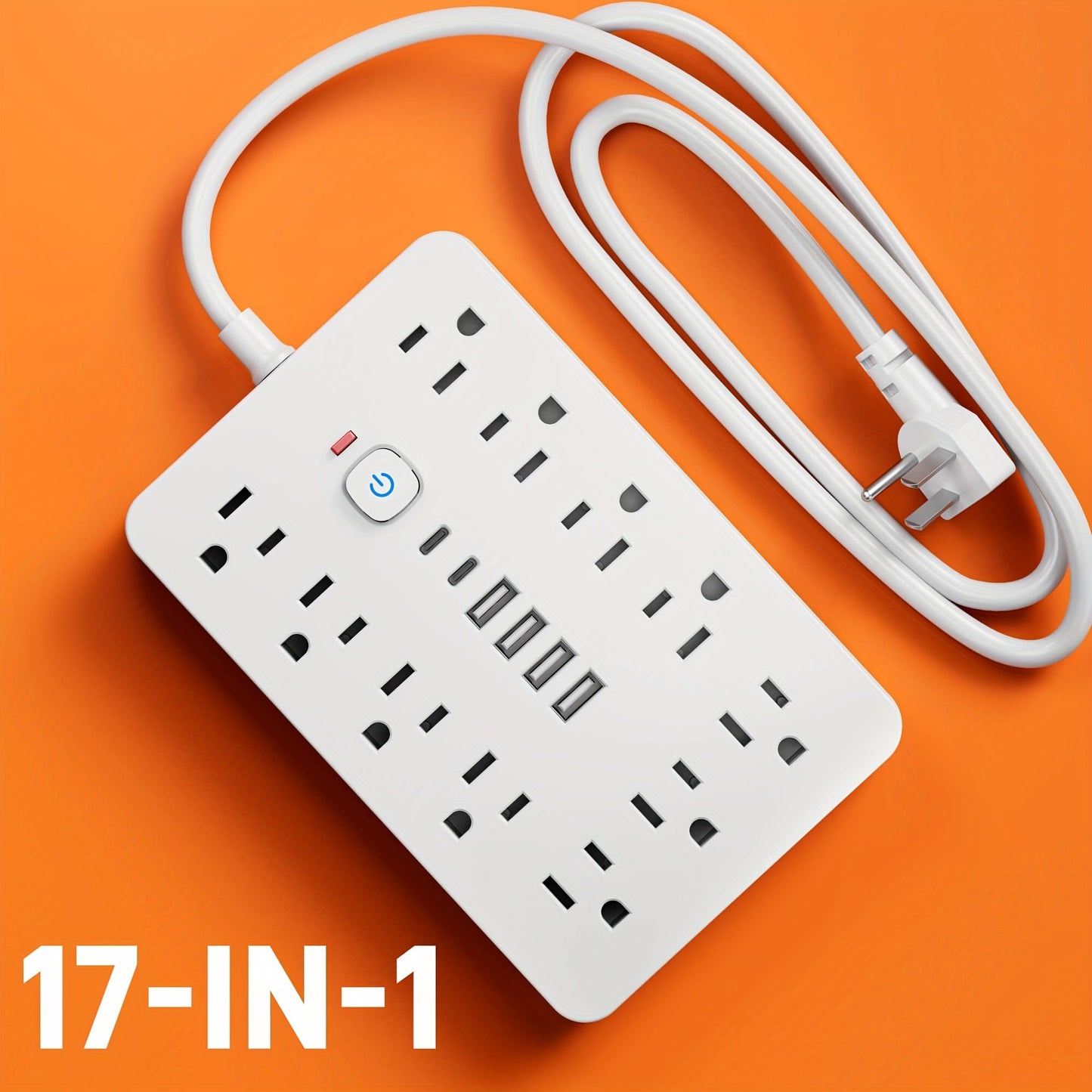 17-in-1 Power Strip Surge Protector with 11 AC Outlets 4 USB Ports 2 USB-C Ports Flat Plug Design Space-Saving Extension Cord for Home Office Desk Kitchen 5ft 10ft Cord