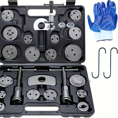 26-Piece Brake Caliper Wind Back Tool Kit with 18 Disc Adapters Thrust Bolt Assemblies Retaining Plates & Caliper Hangers – Universal Brake Caliper Compression Tool Set for Cars Trucks SUVs