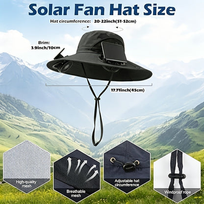 Solar Powered Cooling Fan Wide Brim Sun Hat – 2 Built-In Solar Fans, Adjustable Wind Speed, Breathable Mesh, UV Protection Outdoor Hat with Chin Strap for Fishing, Camping & Travel