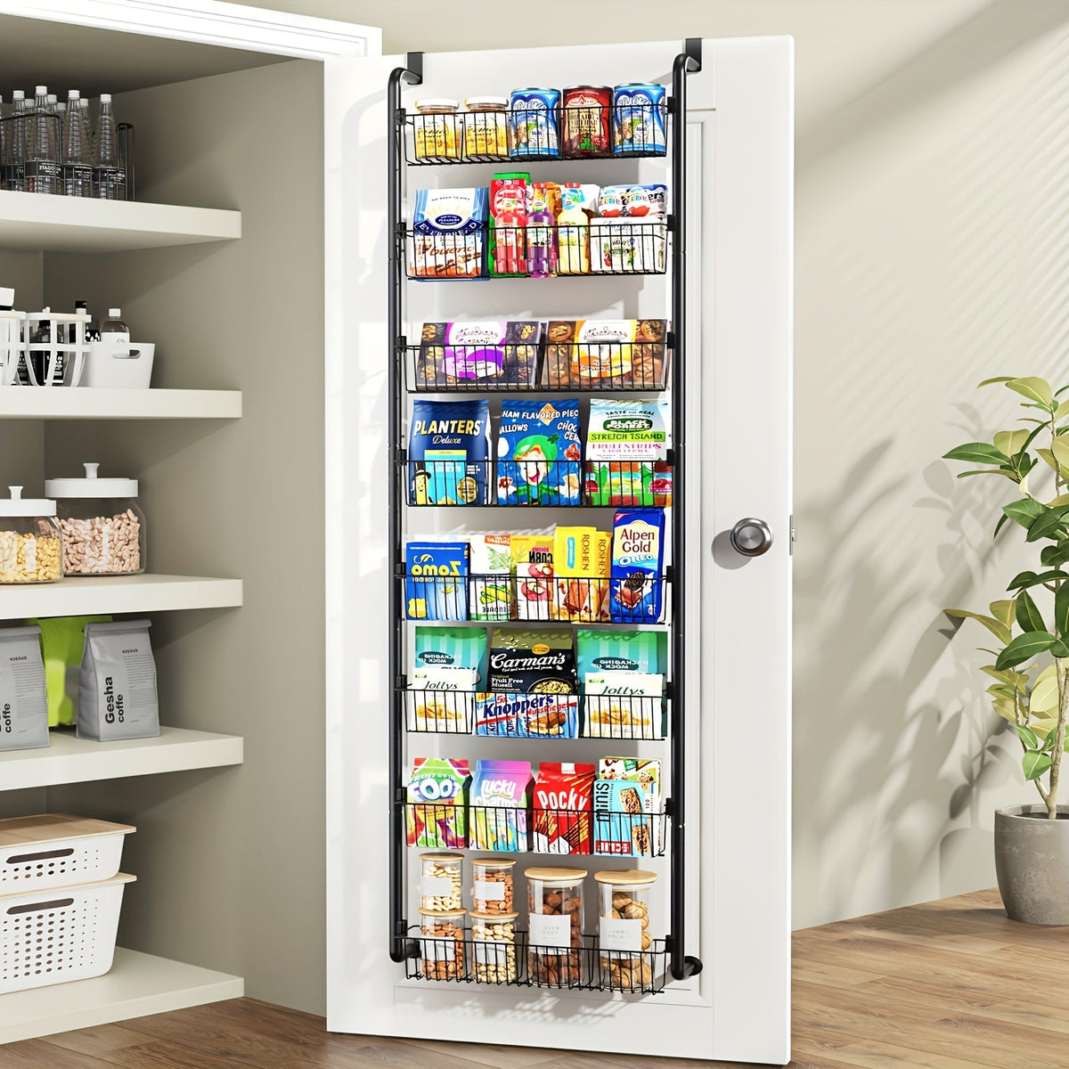 Over the Door Pantry Organizer 6 or 8 Shelf - Heavy-Duty Metal Hanging Storage Rack for Kitchen, Bathroom & Laundry Room, Space-Saving Spice & Food Organizer, Black or White