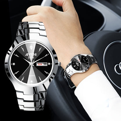 Men's Luxury Quartz Wristwatch with Double Calendar and Luminous Hands – Elegant Business Stainless Steel Watch for Men, Classic Gold Black White Dial, Perfect Gift for Him Birthday Anniversary