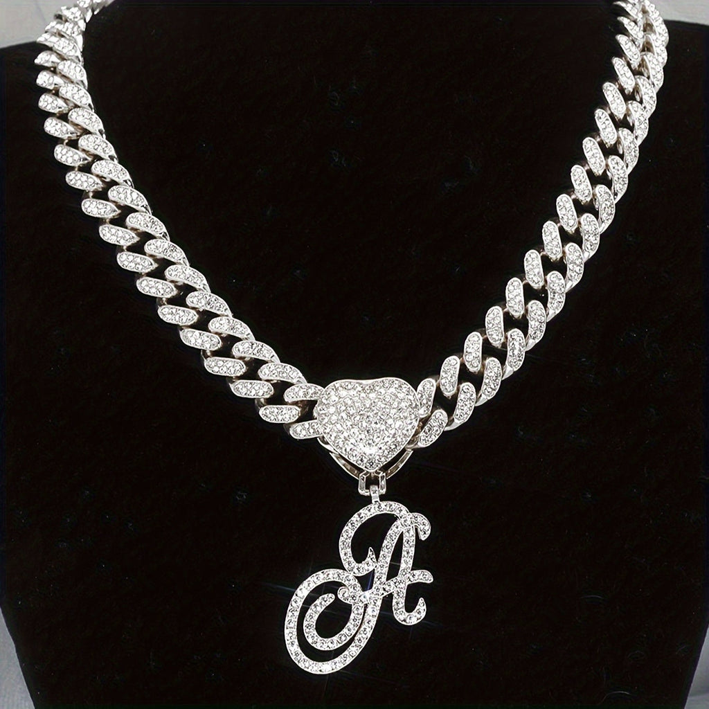 Initial Letter Necklace for Men & Women – Personalized A-Z Silver Cuban Chain with Heart Pendant, Hip Hop Style, 45cm / 17.71in, Perfect Gift for Sports Fans, Birthdays & Everyday Wear