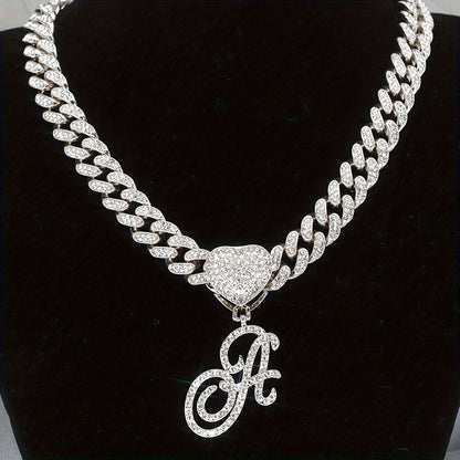 Initial Letter Necklace for Men & Women – Personalized A-Z Silver Cuban Chain with Heart Pendant, Hip Hop Style, 45cm / 17.71in, Perfect Gift for Sports Fans, Birthdays & Everyday Wear