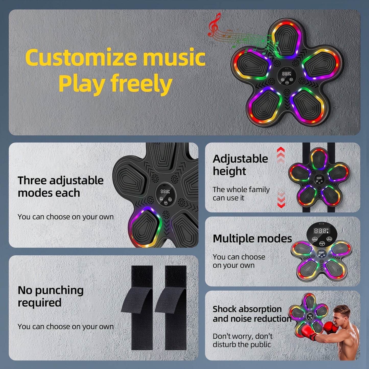 Smart Music Boxing Machine with Gloves – Wall Mount, LED Rhythm Lighting, Bluetooth, 9 Speed Modes, Intelligent LED Strike Counter, Home Gym Fitness Gift for Adults & Teens