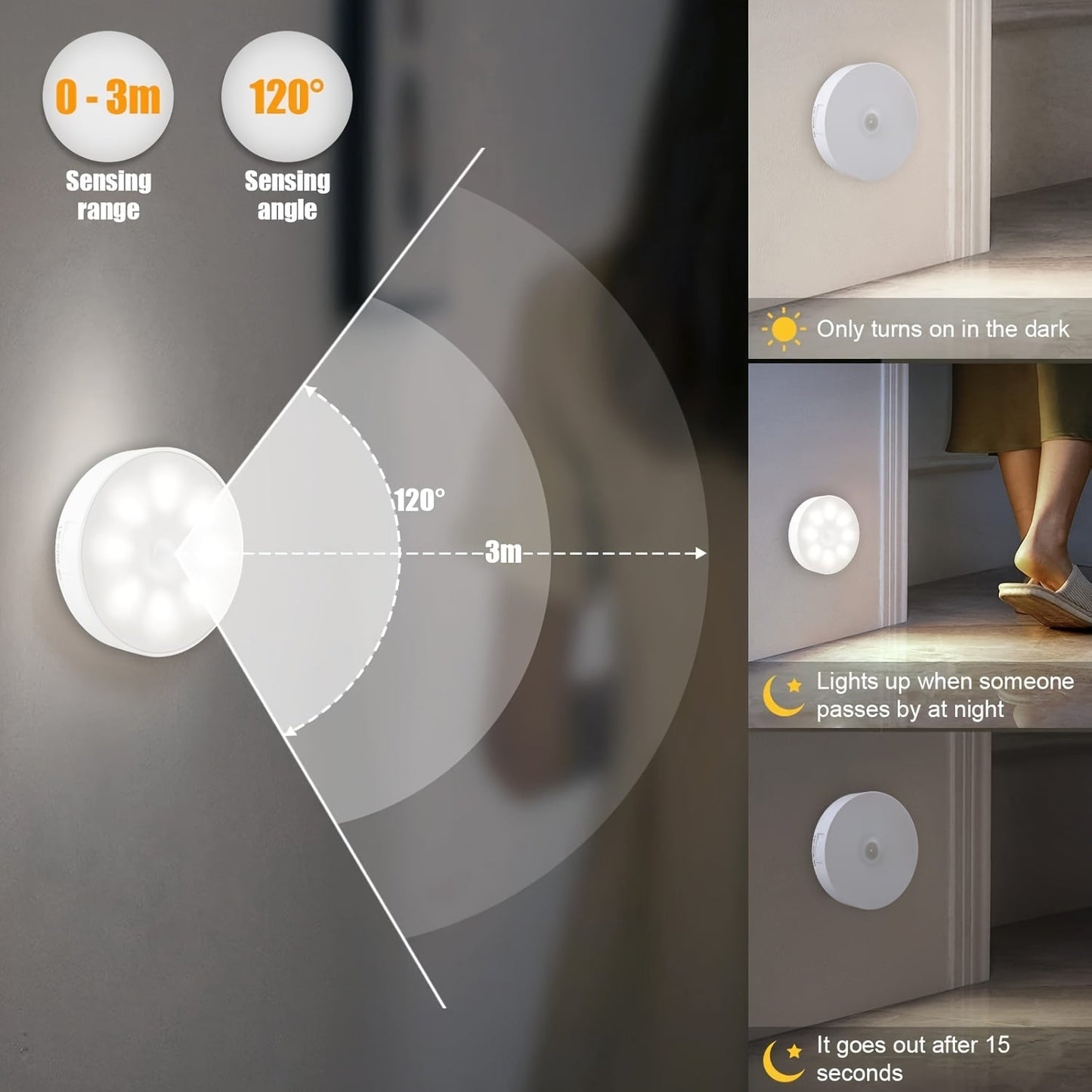LED Motion Sensor Night Lights USB Rechargeable Wireless Wall Lamp Dual Mode Adjustable Brightness Magnetic Mount Under Cabinet Lighting for Kitchen Hallway Stairs Closet 6 or 12 Pack