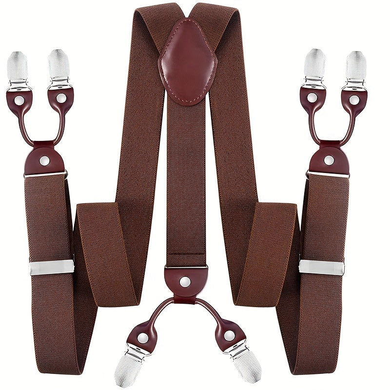 Men's Suspenders Y-Back PU Leather Heavy Duty Suit Brace with 6 Metal Clips – Adjustable Elastic Vintage Style, Black Gray Navy Blue White Coffee Beige Wine Red, Casual & Formal Wear