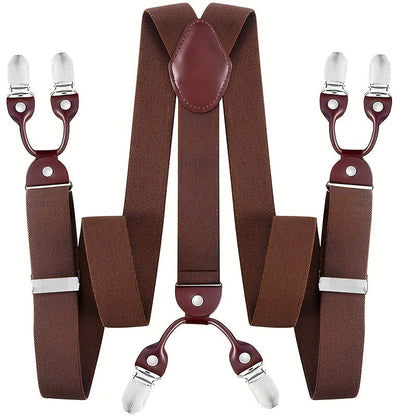 Men's Suspenders Y-Back PU Leather Heavy Duty Suit Brace with 6 Metal Clips – Adjustable Elastic Vintage Style, Black Gray Navy Blue White Coffee Beige Wine Red, Casual & Formal Wear