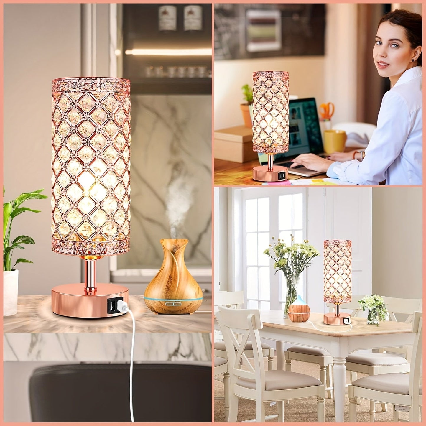 Crystal Touch Table Lamp 3-Way Dimmable with 2 USB Charging Ports LED Bulb Included Decorative Bedside Nightstand Light for Bedroom Living Room Office – Antique Bronze Rose Gold Silver