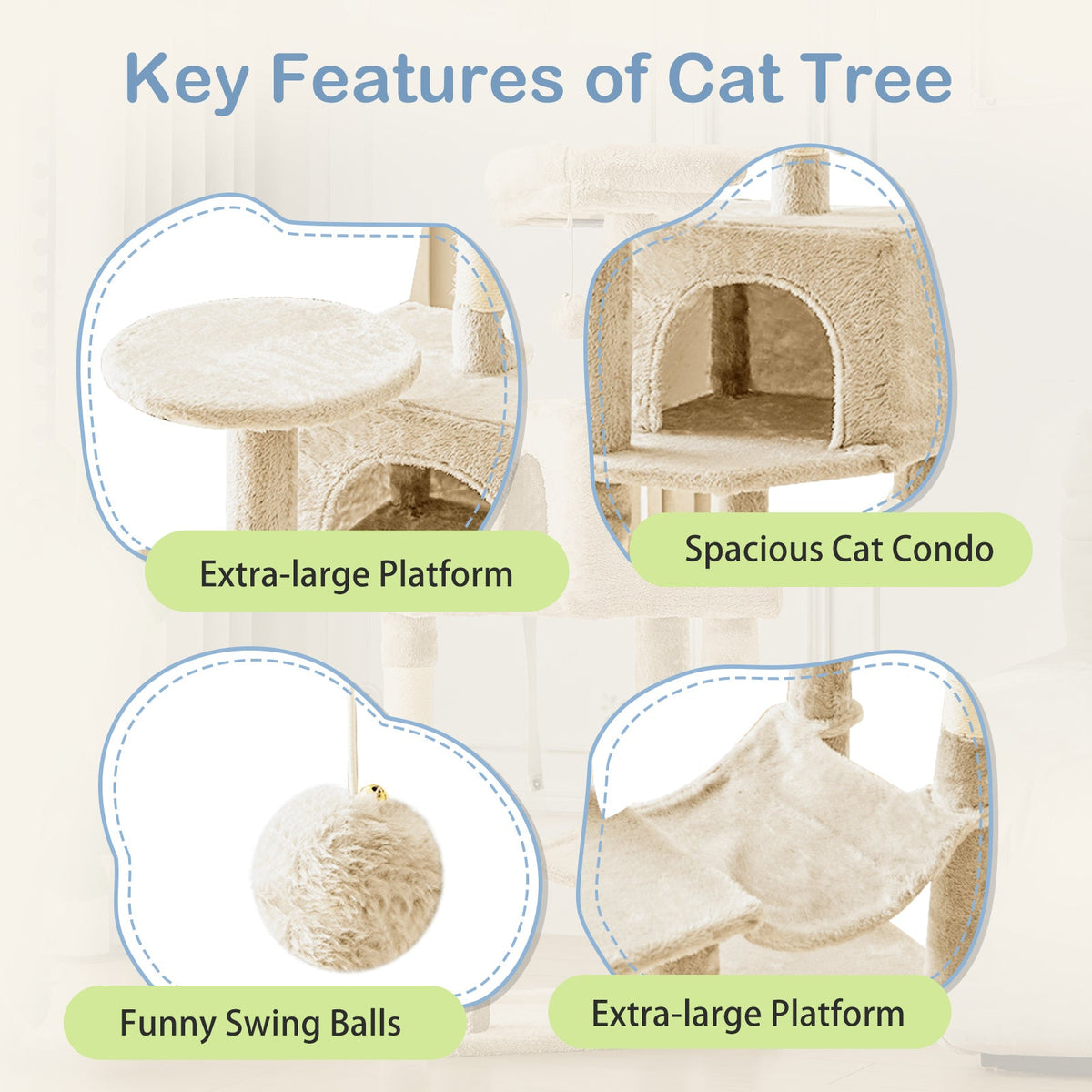 44-Inch Cat Tree Tower for Indoor Cats with Condo, Hammock & Natural Sisal Scratching Posts – Multi-Level Cat Furniture with Perches & Pet House for Multiple Cats, 5 Colors