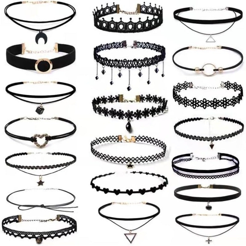 20pcs Velvet Gothic Choker Necklace Set for Women – Y2K Black Lace Tattoo Style with Heart, Moon, Cross & Pendant Designs, Trendy Collar Clavicle Chain Jewelry Gift for Party, Festival & Daily Wear