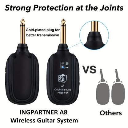 A8 Wireless Guitar System with Built-In Rechargeable Transmitter & Receiver – Stereo Audio, USB Charging, Compatible with Electric Guitar, Bass & Violin, Works with Amplifiers