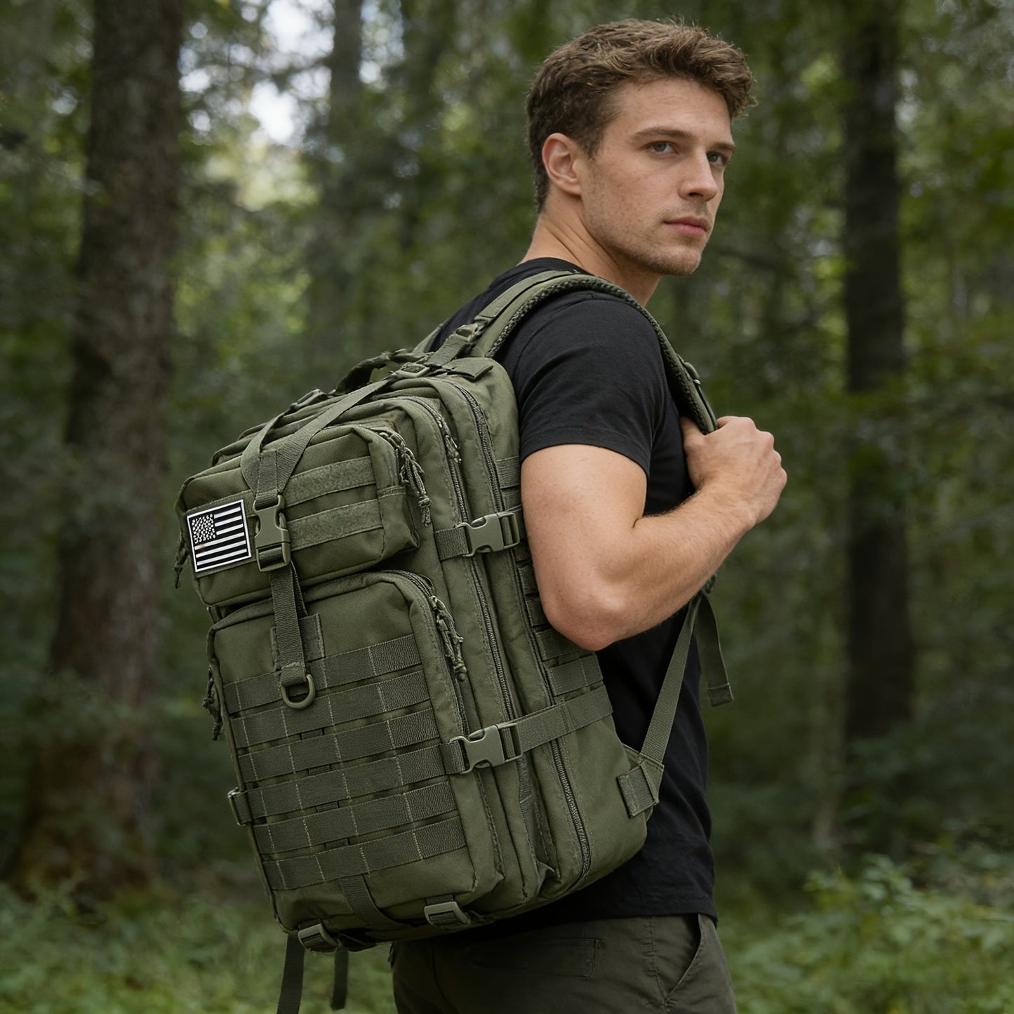 Tactical Hiking Backpack 45L 3-Day Rucksack – Multifunctional Camping Trekking Hunting Shoulder Bag with Zip Closure, Durable Sports Pack for Men and Women, Black Green Khaki