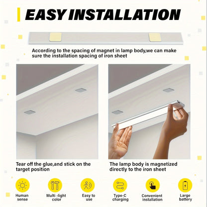 LED Motion Sensor Under Cabinet Light – Wireless USB-C Rechargeable Closet Light, 3 Color Temps & Dimmable, Magnetic Mount, Motion Activated Night Light for Kitchen Cabinet Closet Drawer (1/2/4 Pack)