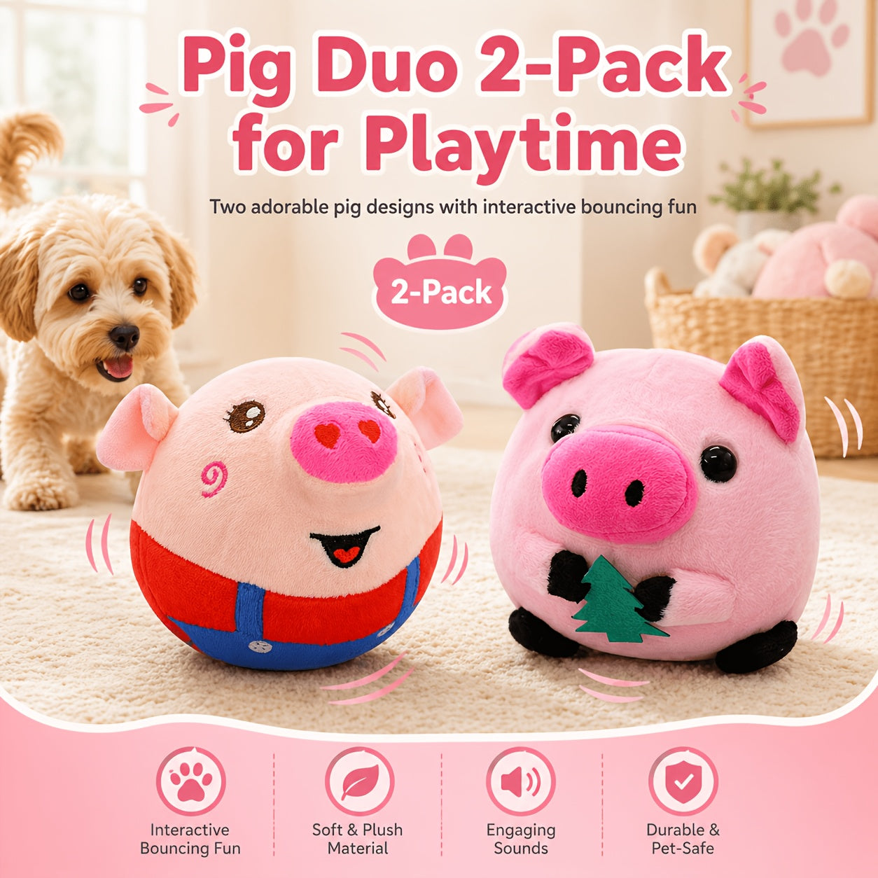 USB Rechargeable Bouncing Dog Toy – Motion Sensor Electronic Ball with Pig Sound & Voice Recording, Washable Interactive Fetch Toy for Small Dogs & Puppies