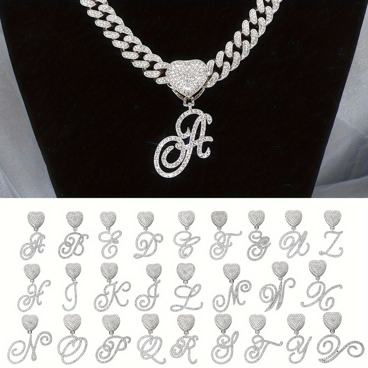 Initial Letter Necklace for Men & Women – Personalized A-Z Silver Cuban Chain with Heart Pendant, Hip Hop Style, 45cm / 17.71in, Perfect Gift for Sports Fans, Birthdays & Everyday Wear