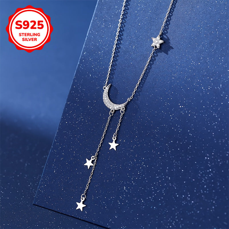 S925 Sterling Silver Boho Moon & Star Tassel Pendant Necklace for Women – Celestial Hypoallergenic Jewelry, Cute Dainty Necklace for Daily Wear, Mother's Day, Birthday & Gift