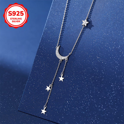 S925 Sterling Silver Boho Moon & Star Tassel Pendant Necklace for Women – Celestial Hypoallergenic Jewelry, Cute Dainty Necklace for Daily Wear, Mother's Day, Birthday & Gift