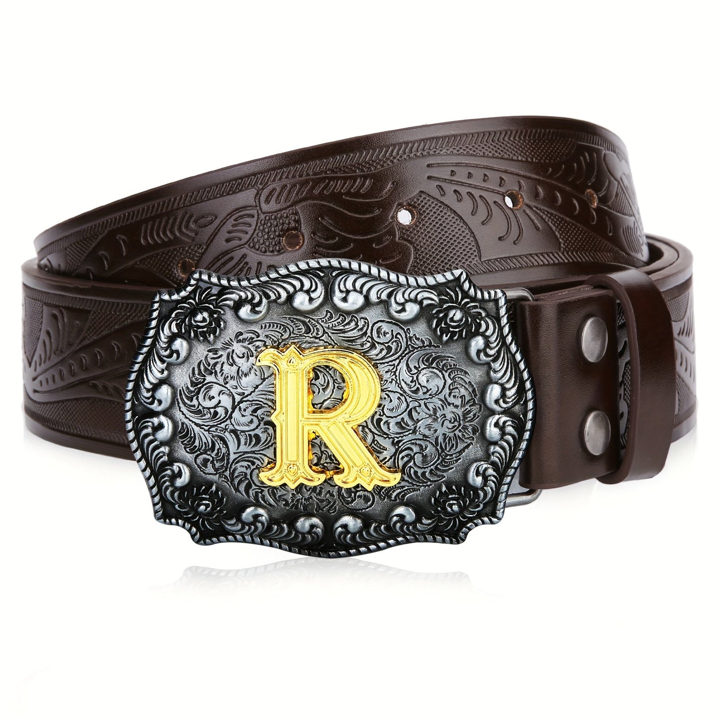 Western Cowboy Belt for Men & Women Embossed Floral Faux Leather – Longhorn Bull Pattern Big Buckle Zinc Alloy, Sizes 34-44, Stylish Durable Country Western Dress Belt Gift for Christmas Father's Day