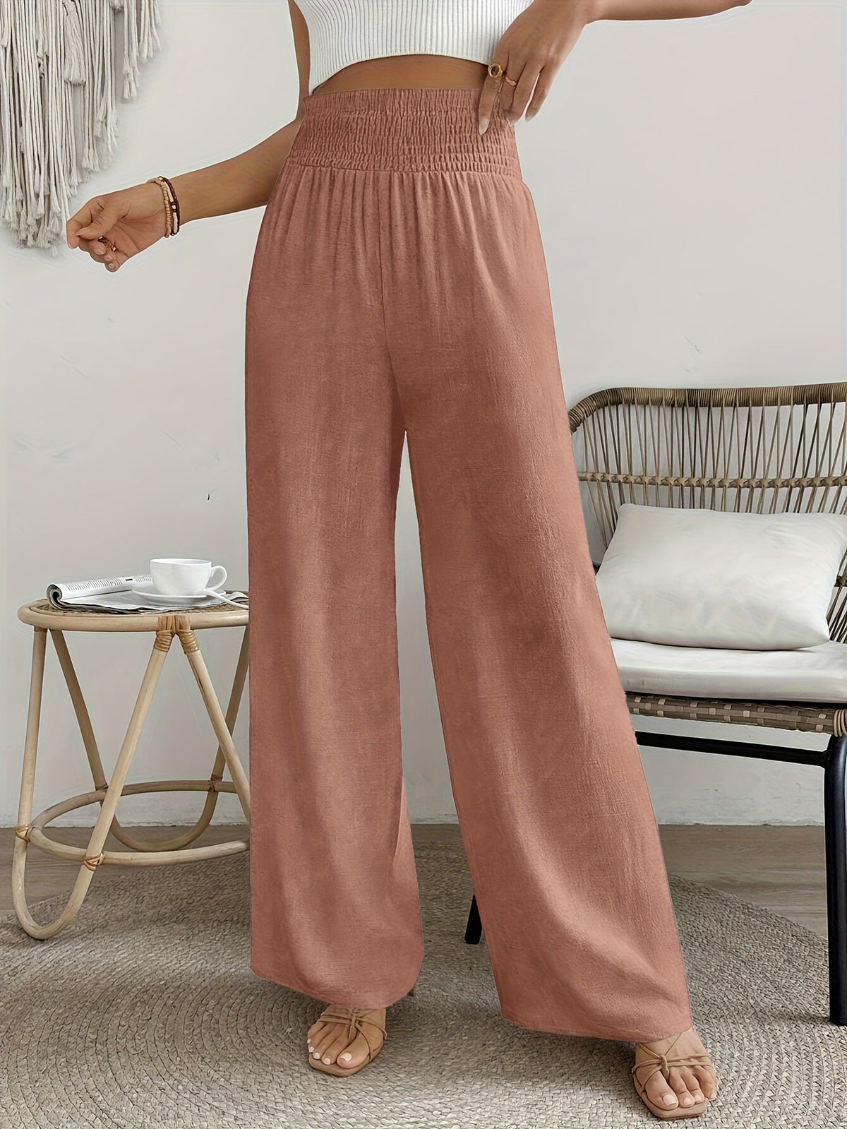 Women's High-Waist Elegant Solid Color Pants Smooth Micro Elasticity Trousers - Casual Chic Machine Washable Bottoms for Spring Summer Fall Office Daily Wear