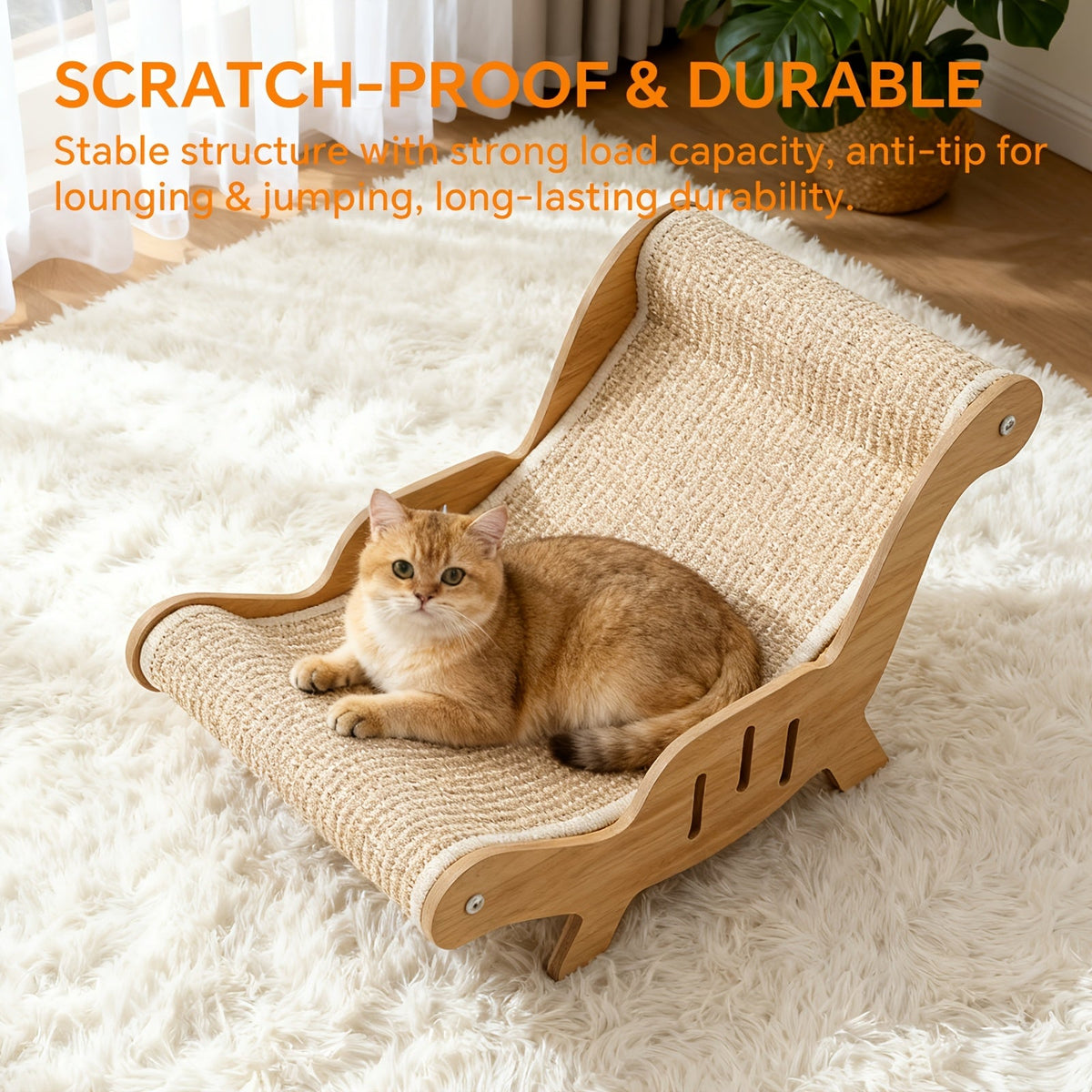 Elevated Cat Lounger Chair with Sisal Scratching Pad – Cat Hammock Bed, Beach Chair Style Indoor Nap Lounge Furniture for Cats, Cozy Elevated Cat Bed