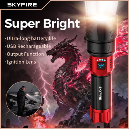 SKYFIRE 5000 Lumen LED Flashlight Rechargeable with Ignition Lens, Adjustable Focus & 4 Modes – Super Bright High Lumen Tactical Flashlight for Camping, Outdoor, Farm & Emergency Family Use