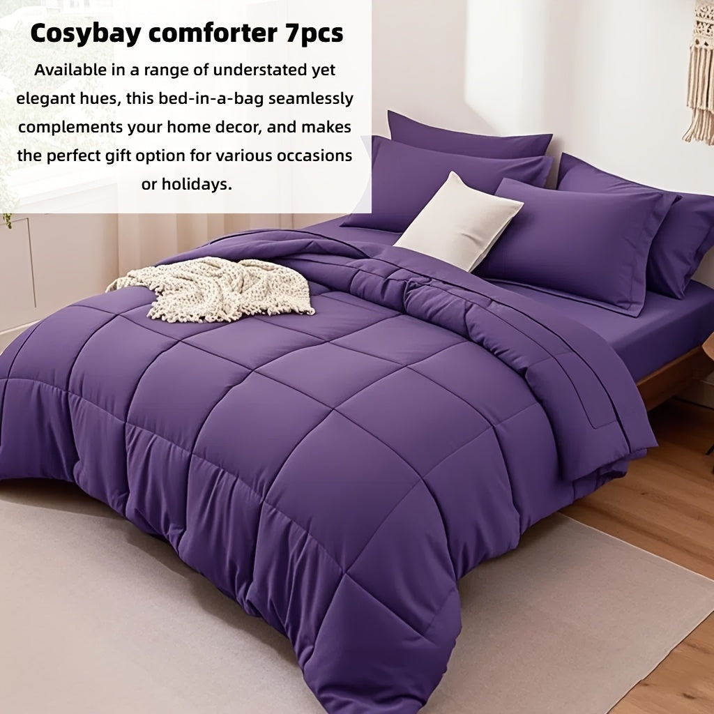 7 Piece Comforter Set Queen King Size – Soft Microfiber Pinch Pleated Bed in a Bag with Comforter, Fitted Sheet, Flat Sheet & 4 Pillowcases, All-Season Bedding Set for Home & Dorm