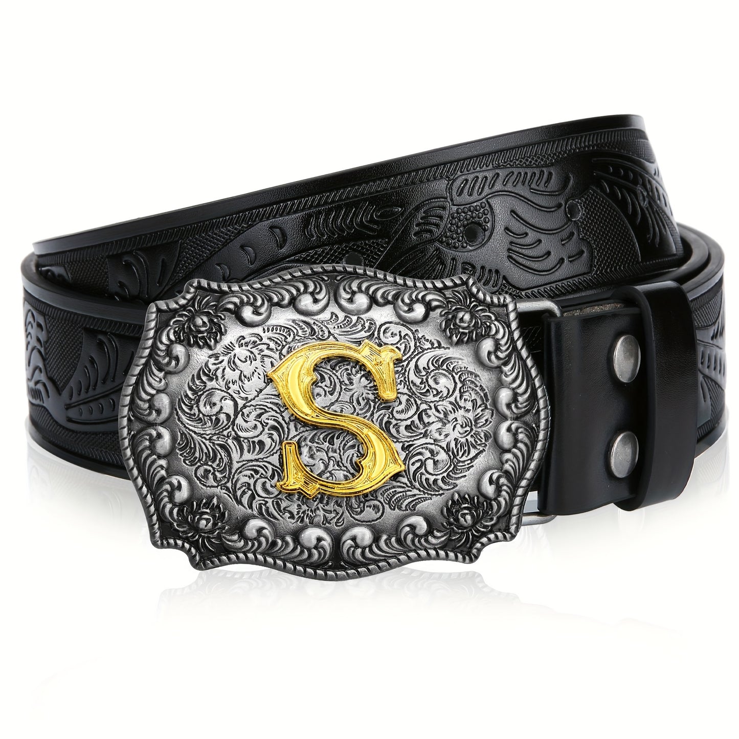 Western Cowboy Belt for Men & Women Embossed Floral Faux Leather – Longhorn Bull Pattern Big Buckle Zinc Alloy, Sizes 34-44, Stylish Durable Country Western Dress Belt Gift for Christmas Father's Day