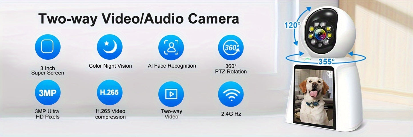 WiFi PTZ Indoor Camera with 3 Inch Built-In Screen 3MP HD Video Calling Two-Way Audio Color Night Vision AI Detection Pet Baby Elderly Monitor Home Security Camera App Control