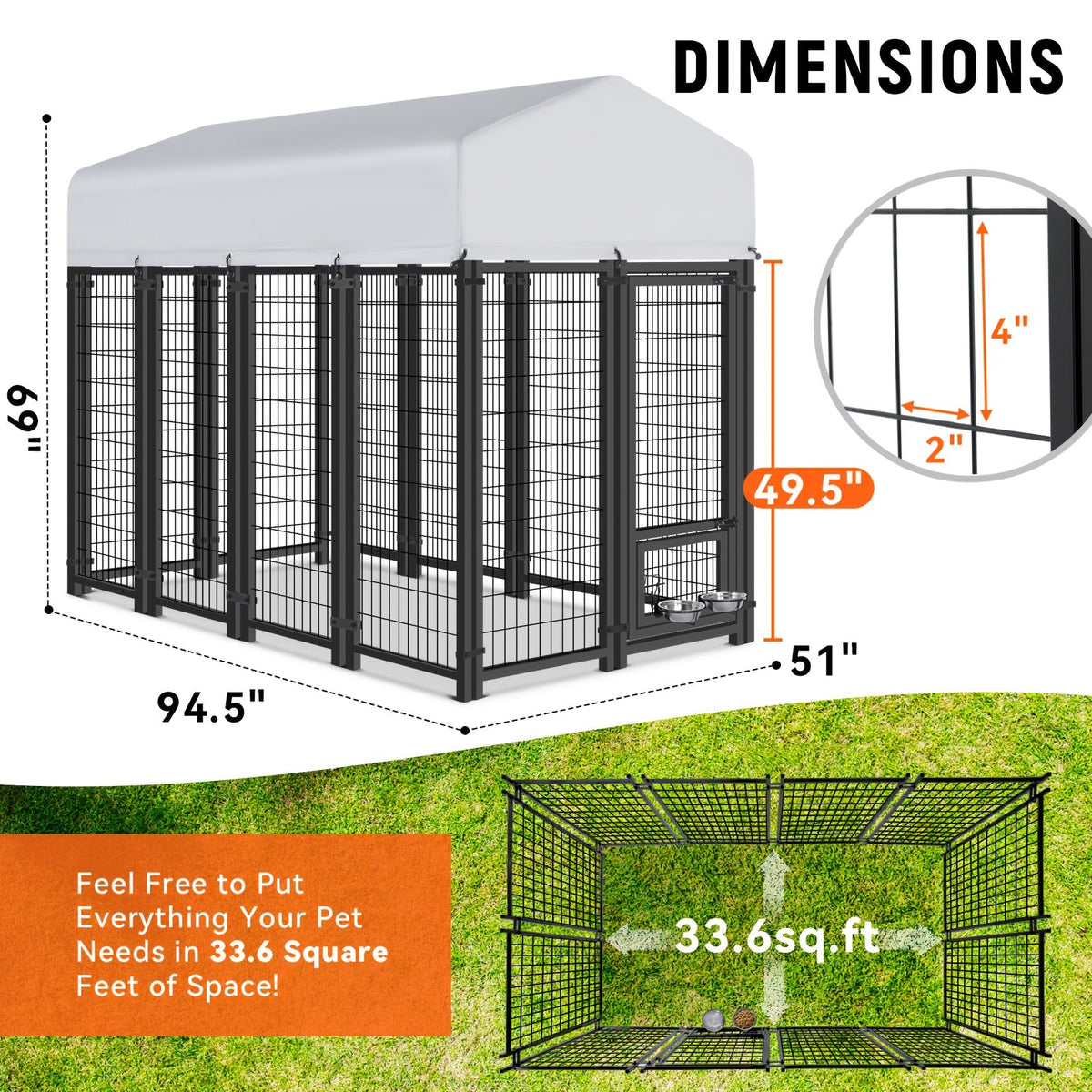 Large Dog Enclosure Outdoor Heavy Duty Welded Wire Steel Dog Playpen with UV-Resistant Roof Cover, Secure Lock Pet Pen Fence for Big Dogs Outside Exercise Play Area