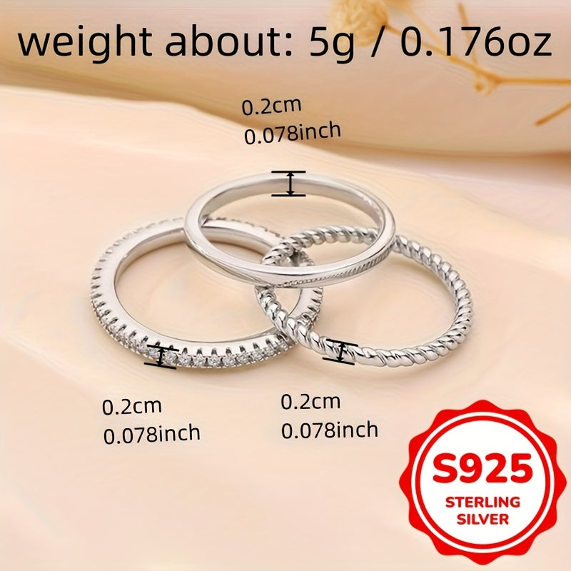 3-Piece 925 Sterling Silver Stackable Rings for Women – April Birthstone Cubic Zirconia, Elegant Lightweight 1g Each, Sizes 6-10, Daily & Party Wear Jewelry Gift Set