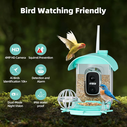 AI Smart Bird Feeder with Camera Solar Powered – 4MP 2K HD, Bird Species Identification, Motion Detection, Squirrel-Proof, IP66 Weatherproof, App Remote Monitoring, Gift for Bird Lovers