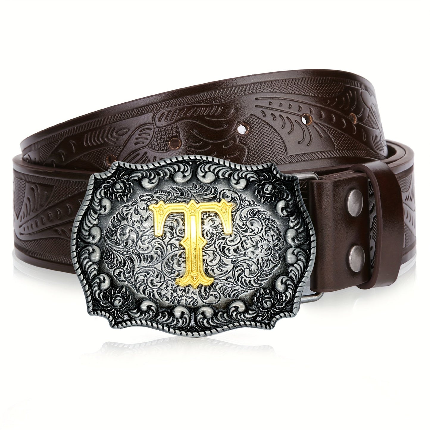 Western Cowboy Belt for Men & Women Embossed Floral Faux Leather – Longhorn Bull Pattern Big Buckle Zinc Alloy, Sizes 34-44, Stylish Durable Country Western Dress Belt Gift for Christmas Father's Day