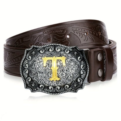 Western Cowboy Belt for Men & Women Embossed Floral Faux Leather – Longhorn Bull Pattern Big Buckle Zinc Alloy, Sizes 34-44, Stylish Durable Country Western Dress Belt Gift for Christmas Father's Day