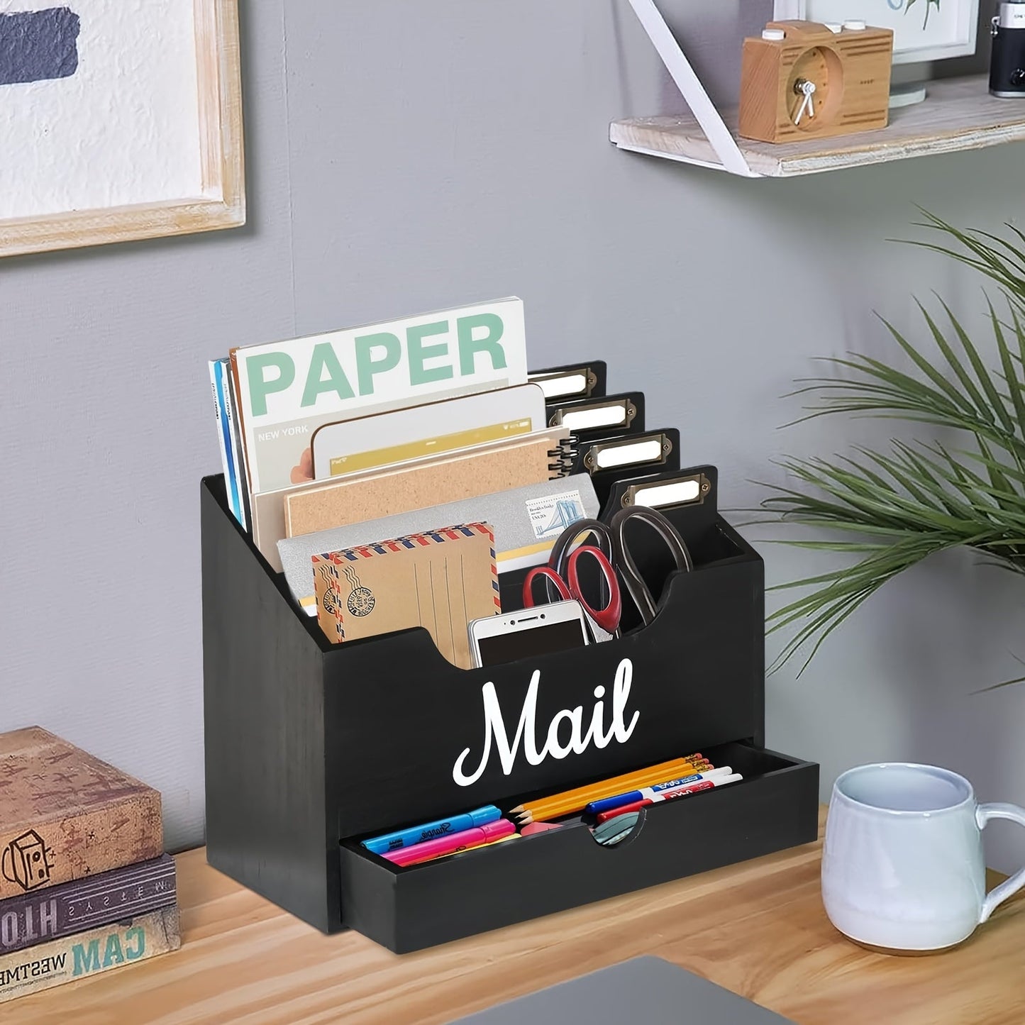 Large Solid Wood Desktop Mail Organizer with Drawer and 4 Compartments Labelable Dividers for Files Letters Paper Folders Desk Organizer for Home Office Students and Professionals