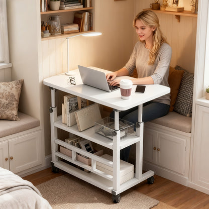 Portable Mobile Desk with Wheels & Adjustable Height Lift Table – Small Computer Study Desk for Bedside Sofa Crafts Home Office in Black or White
