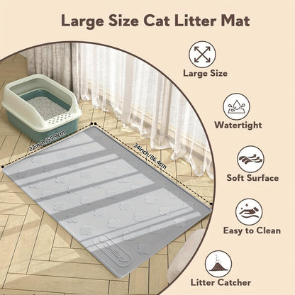 XXL Silicone Cat Litter Mat 3-in-1 – Washable Non-Slip Floor Protector with Raised Edges, Traps Litter, Kibble & Crumbs, Foldable Pet Feeding Mat for Cats, 34x22 Inch, Light Grey & Dark Gray