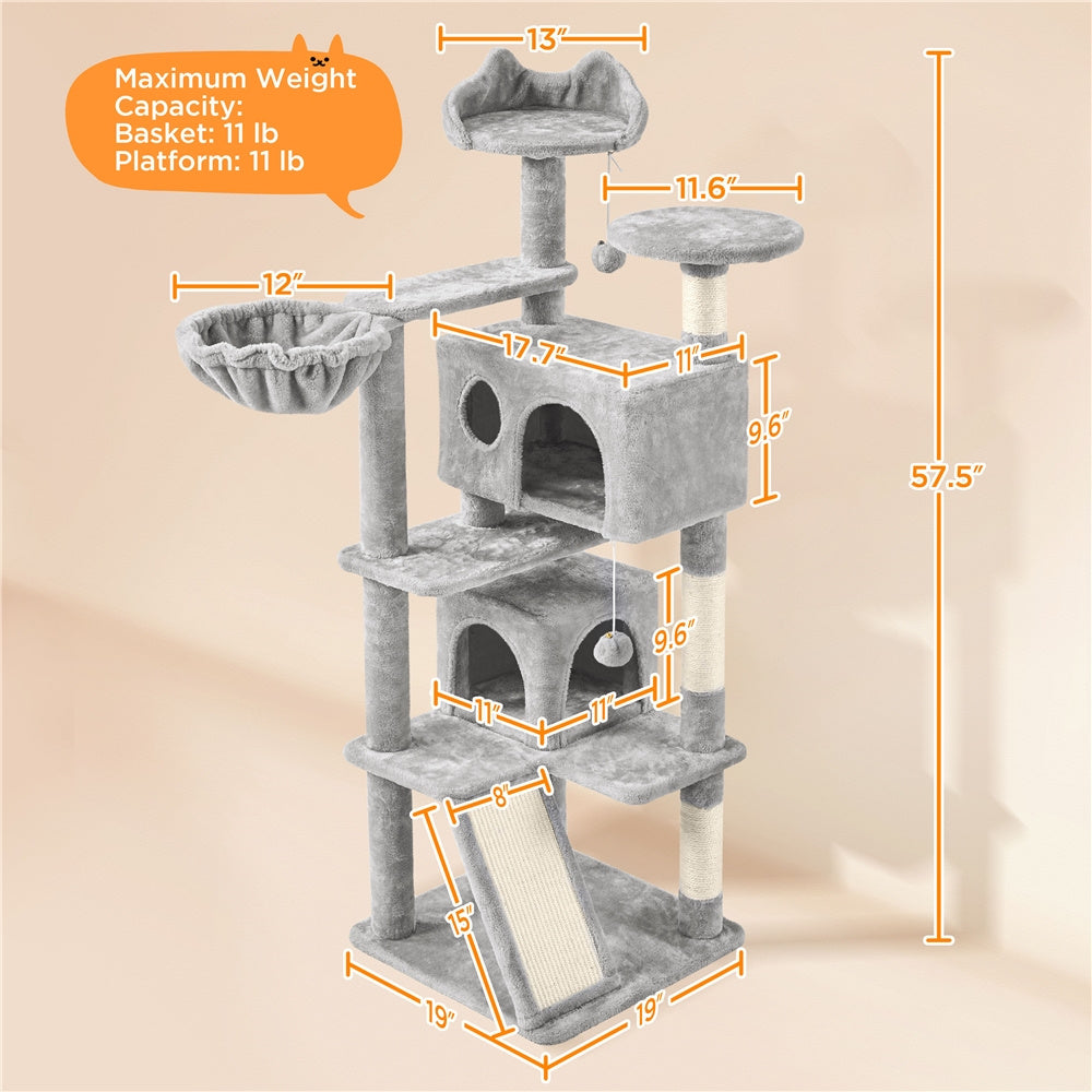 57-Inch Multilevel Cat Tree Tower with 2 Condos – Sisal Scratching Posts, Dangling Ball, Round Platform & Ladder for Indoor Kittens & Small Cats, 6 Colors, Christmas Gift for Cat Lovers