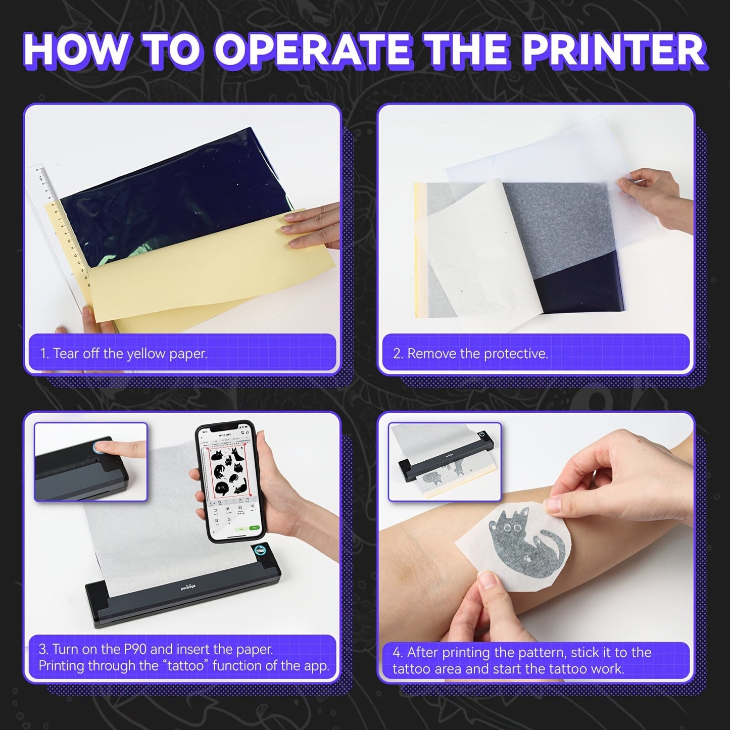 Peripage P90 Tattoo Stencil Printer – Portable Thermal Printer for Tattoo Transfer Paper, Compatible with iOS Android & PC, Mini Wireless Printer Includes 5pcs A4 Transfer Paper, Gift for Tattoo Artists