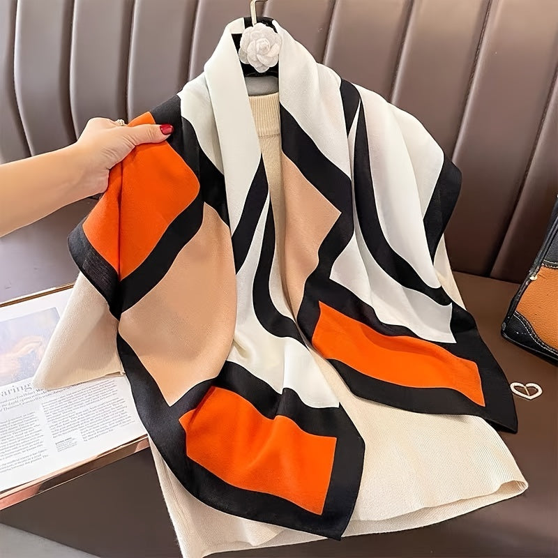 Women's Color Block Viscose Scarf & Shawl – Soft Breathable Geometric Print Windproof Sun Protection Wrap for Casual Outings Travel, Lightweight Hand-Wash Easy Care, Beige Khaki Orange