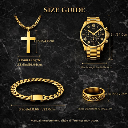 Men's Luxury Mechanical Watch & Jewelry Gift Set 4pcs – Vintage Electroplated Alloy Bracelet, Necklace & Ring, Elegant Business Casual Accessory Set for Christmas, Valentine's Day & Holiday Gifts