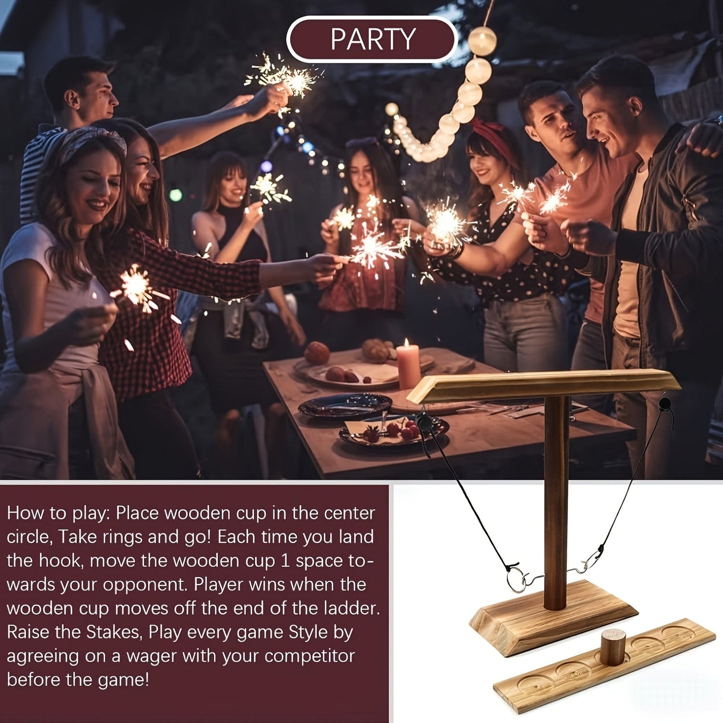 Wooden Ring Toss Game Set for Adults & Kids - Indoor Outdoor Hook & Ring Party Game, Easy Assembly Natural Wood Design, Fun Bar Backyard Family Game Night Gift