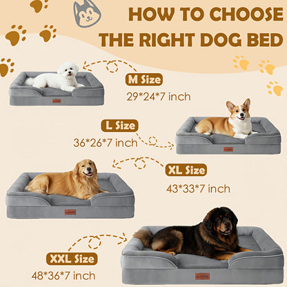 Extra Large Dog Sofa Bed 100% Supportive Foam 4-Sided Bolster Removable Washable Cover Non-Skid Bottom Joint Support Soft Warm Pet Couch Bed Grey M L XL XXL All Breeds