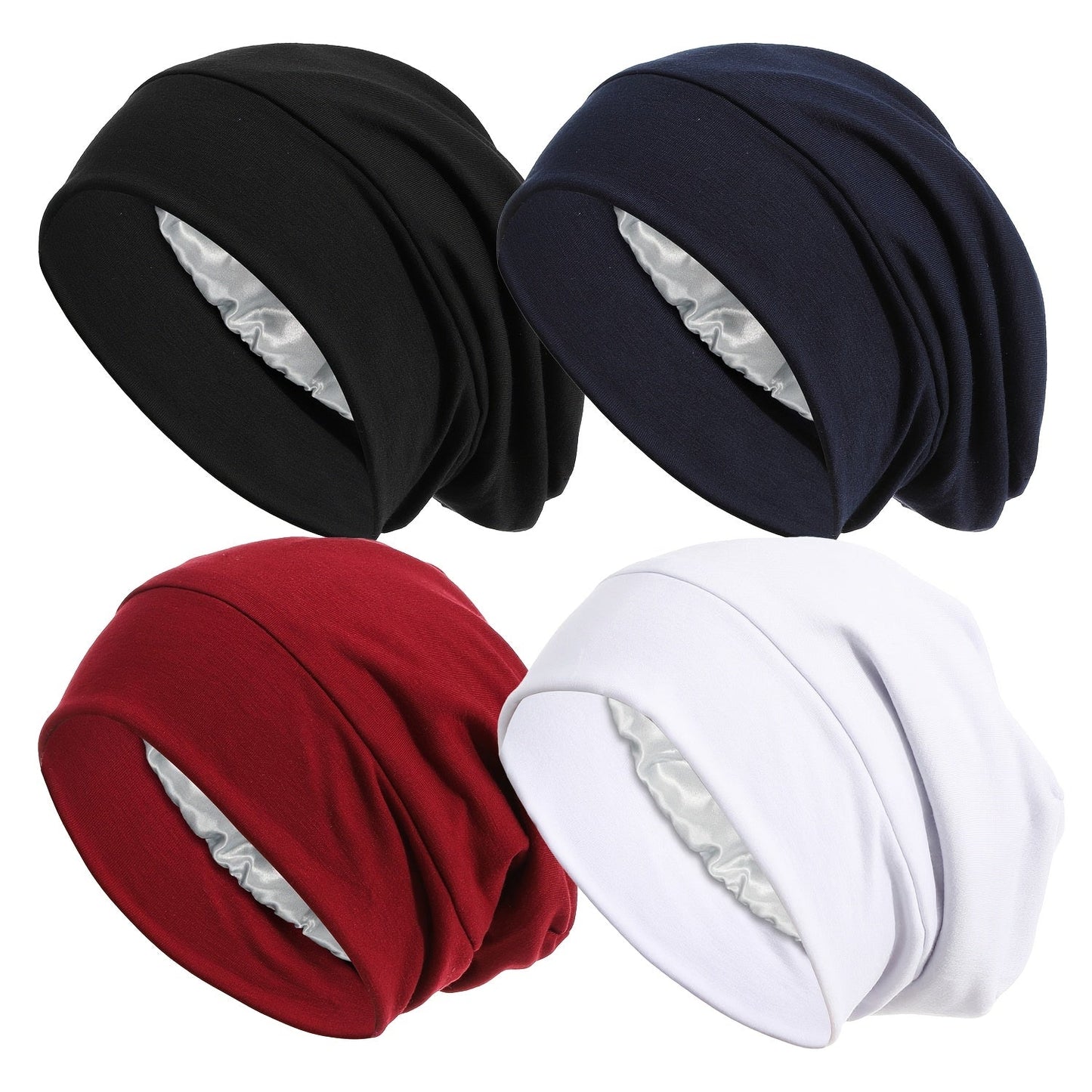 Turban Hat 4 Pack for Women - Soft Satin Lining Muslim Turban Sleep Cap, Chemo Hat Beanie Headwrap for Cancer Hair Loss, Comfortable Breathable Bonnet for Daily Wear & Night Sleep
