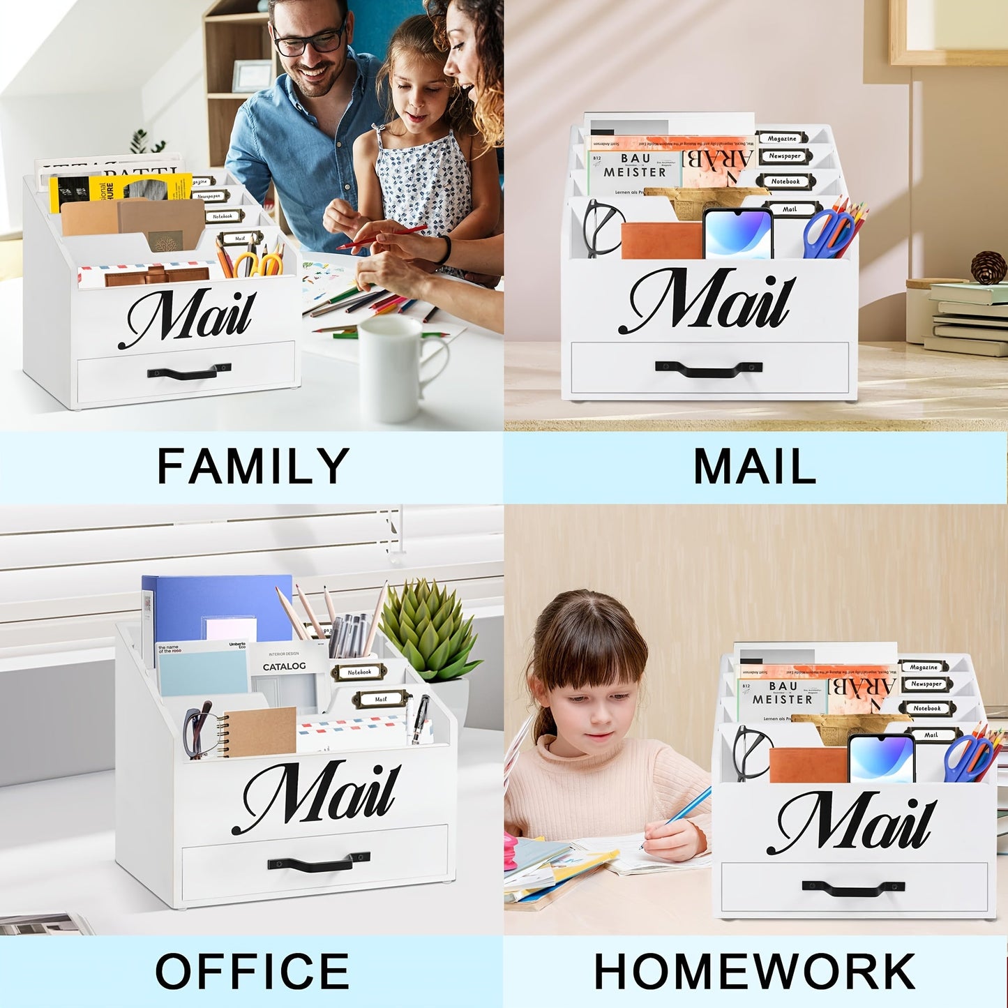 Large Solid Wood Desktop Mail Organizer with Drawer and 4 Compartments Labelable Dividers for Files Letters Paper Folders Desk Organizer for Home Office Students and Professionals