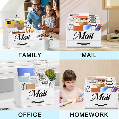 Large Solid Wood Desktop Mail Organizer with Drawer and 4 Compartments Labelable Dividers for Files Letters Paper Folders Desk Organizer for Home Office Students and Professionals