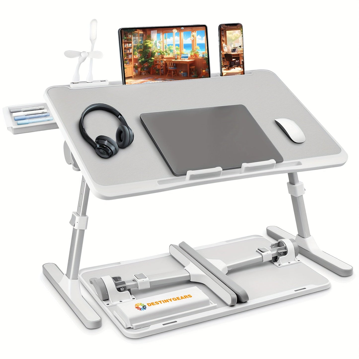 Lap Desk Bed Tray Table with USB Light Fan & Drawer – Adjustable Portable Laptop Stand for Bed Couch Sofa, Laptop Desk for Reading Writing Eating, 10 Colors & Sizes