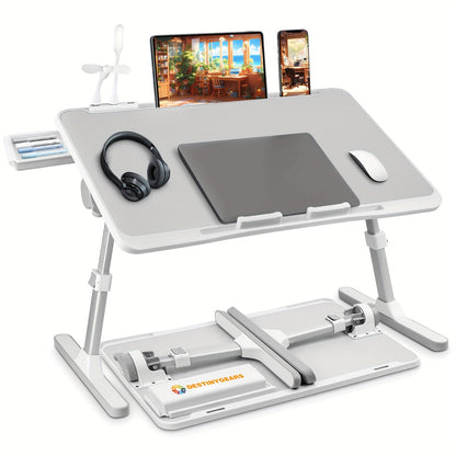 Lap Desk Bed Tray Table with USB Light Fan & Drawer – Adjustable Portable Laptop Stand for Bed Couch Sofa, Laptop Desk for Reading Writing Eating, 10 Colors & Sizes