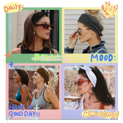 4-Pack Wide Rabbit Ear Bow Headbands for Women – Non-Slip Elastic Satin Sports Yoga Gym Hair Wrap, Soft Thick Turban Hairband Gift Set