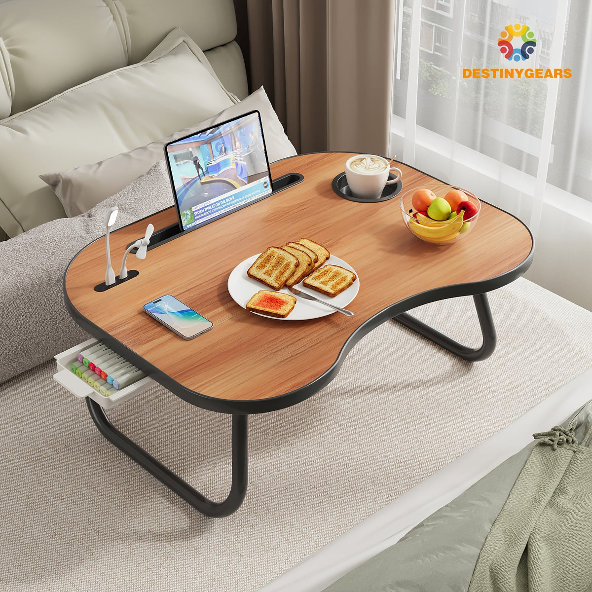 Lap Desk for Laptop with USB Port Storage Drawer & Cup Holder – Walnut Wood Bed Tray Table for Eating Writing Sofa Couch Adults Students