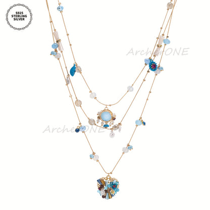 925 Sterling Silver Handmade Multi-Layer Love Beaded Necklace & Earring Set for Women – December Birthstone Jewelry, Elegant Daily & Wedding Gift with Free Gift Box